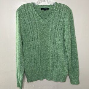 PIERRE New York Sweater Green V-Neck Long Sleeve Cable Knit Classic Timeless Med